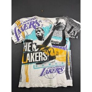 Vintage 90s Magic Johnson Mens Graphic T-Shirt Los Angeles Lakers AOP Size M